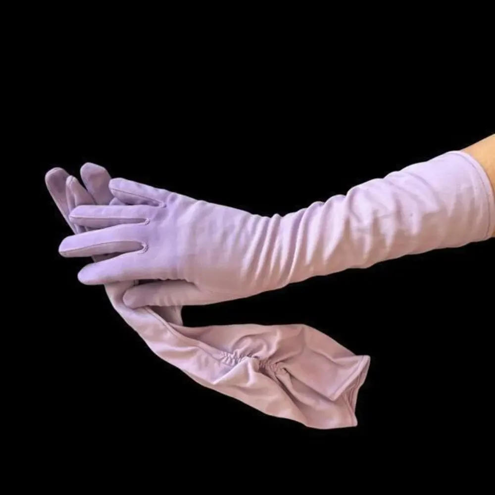 Vintage 1950s Lavender Nylon Opera Gloves Size 6 –Hand Dyed, Ruched Elbow Length